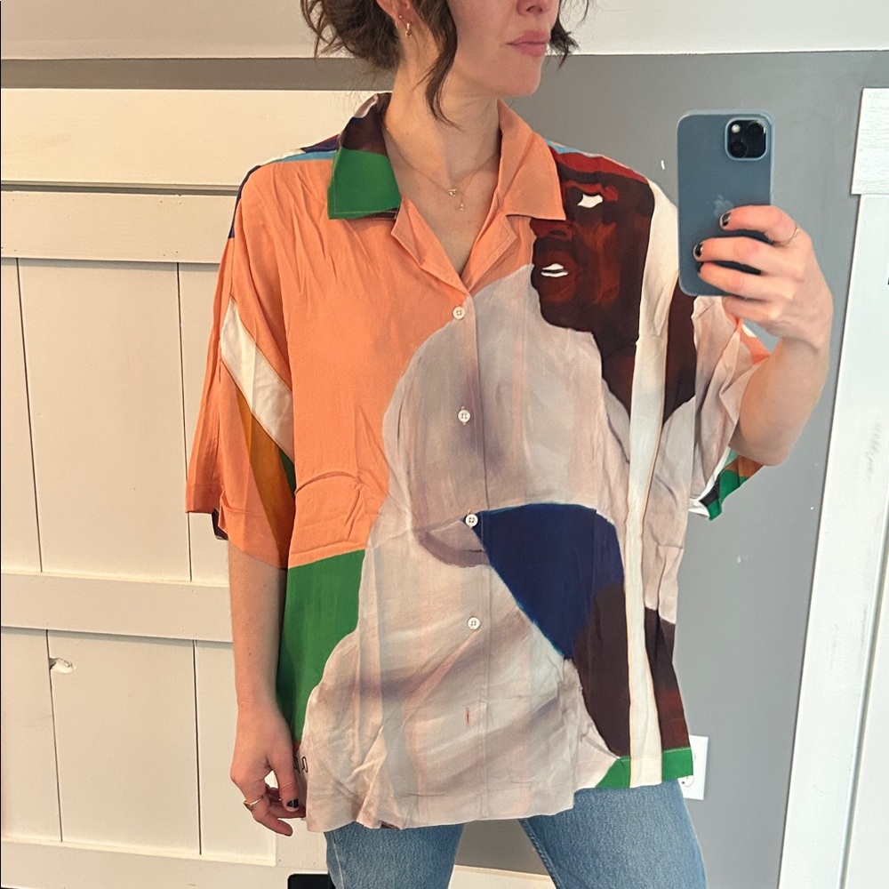 Awake x Alvin Armstrong Button-Up Shirt Top in Peach Multi